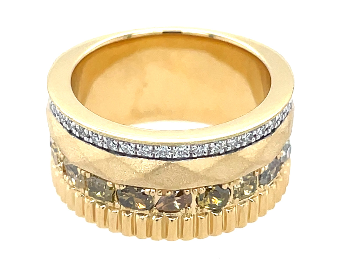 NATURAL FANCY COLOR & WHITE DIAMOND GEAR EDGE CIGAR BAND, 10MM, SATIN FINISH