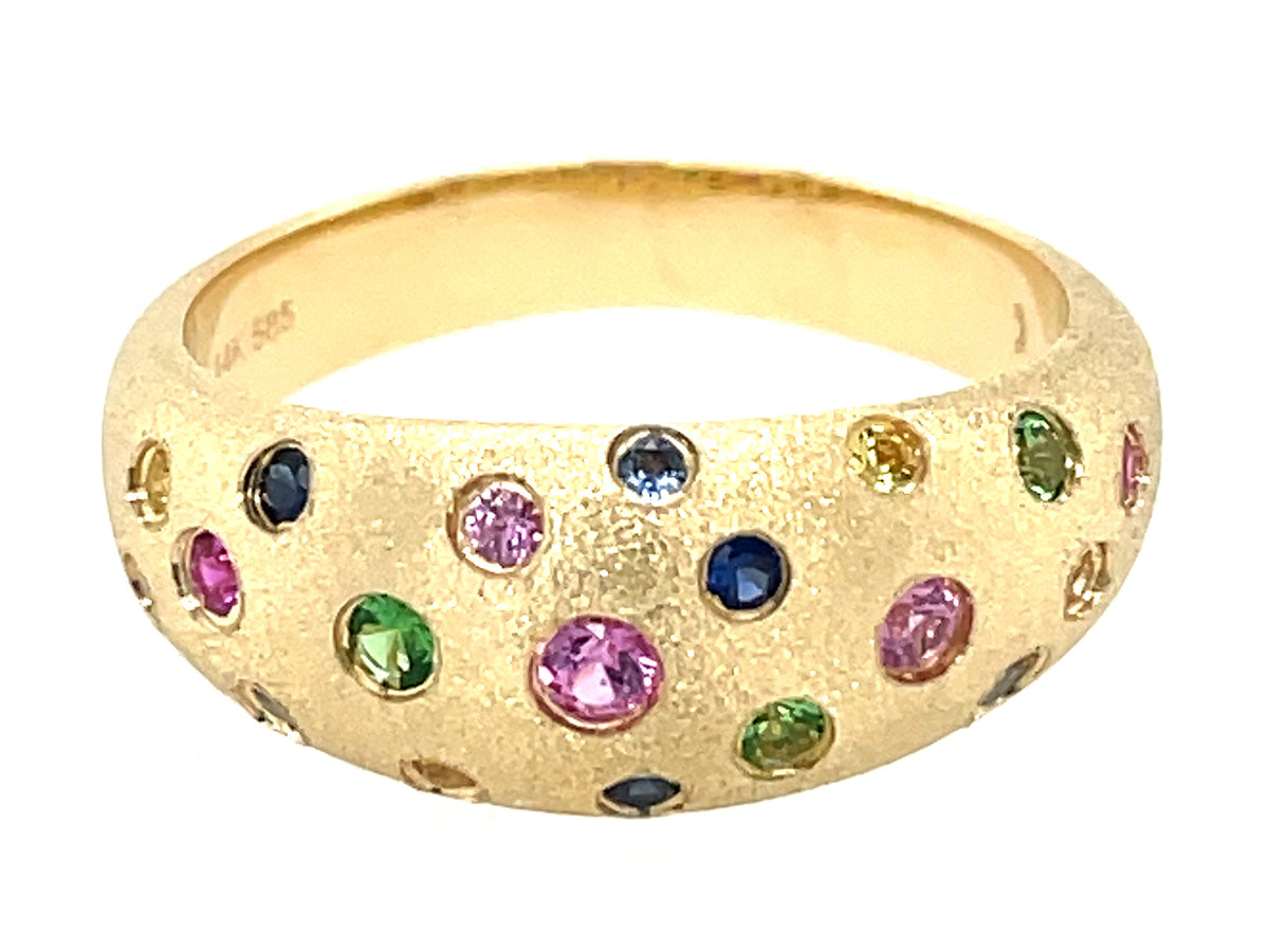 RAINBOW SAPPHIRE (H) & TSAVORITE (N) SCATTERED FLUSH SET TAPERED WIDE RING, 7.7MM, SATIN FINISH, 14KY