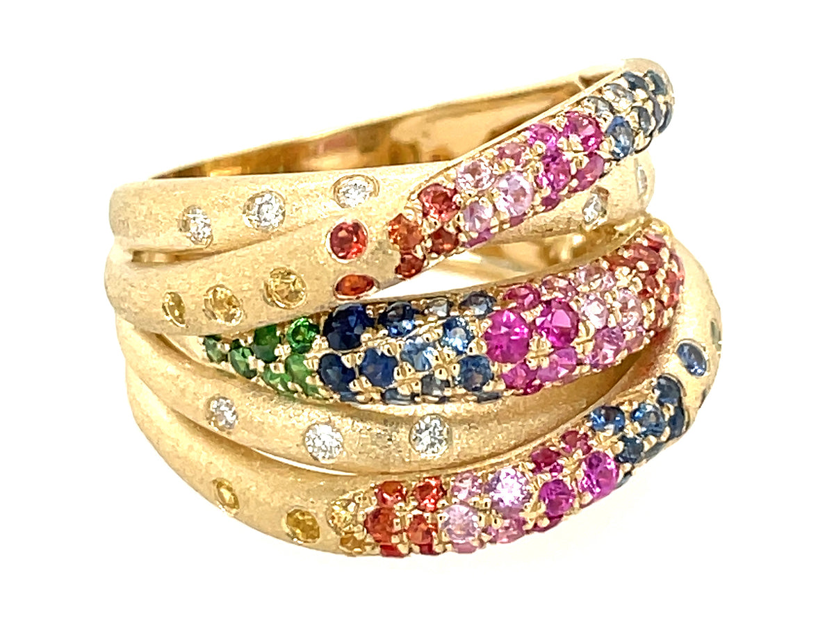 RAINBOW SAPPHIRE, RUBY, TSAVORITE & DIAMOND CONFETTI MULTI STRAND RING, 14MM, SATIN FINISH