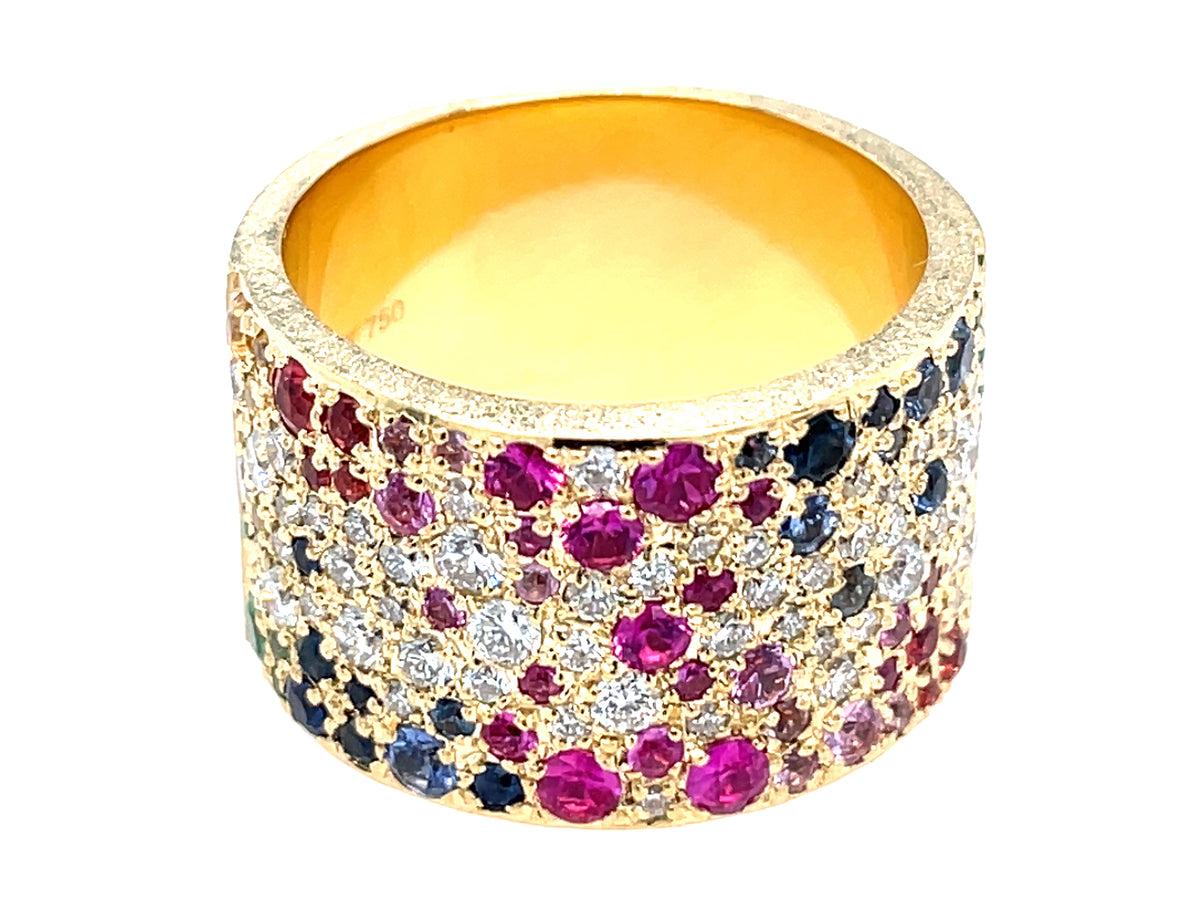 RAINBOW SAPPHIRE, RUBY, TSAVORITE & DIAMOND PAVE CIGAR RING, 12.6MM, SATIN FINISH