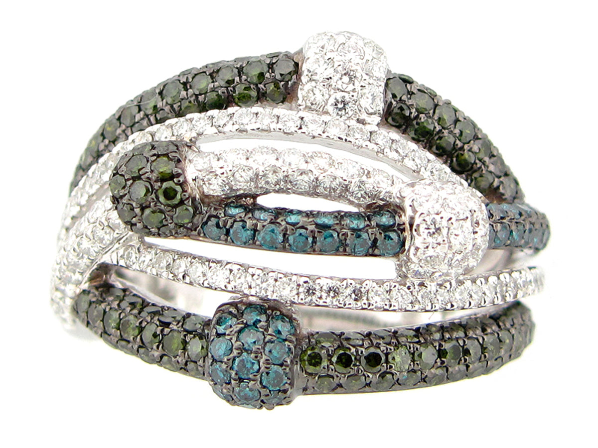 IRR BLUE, GREEN & WHITE DIAMOND RING, 14KW (R)