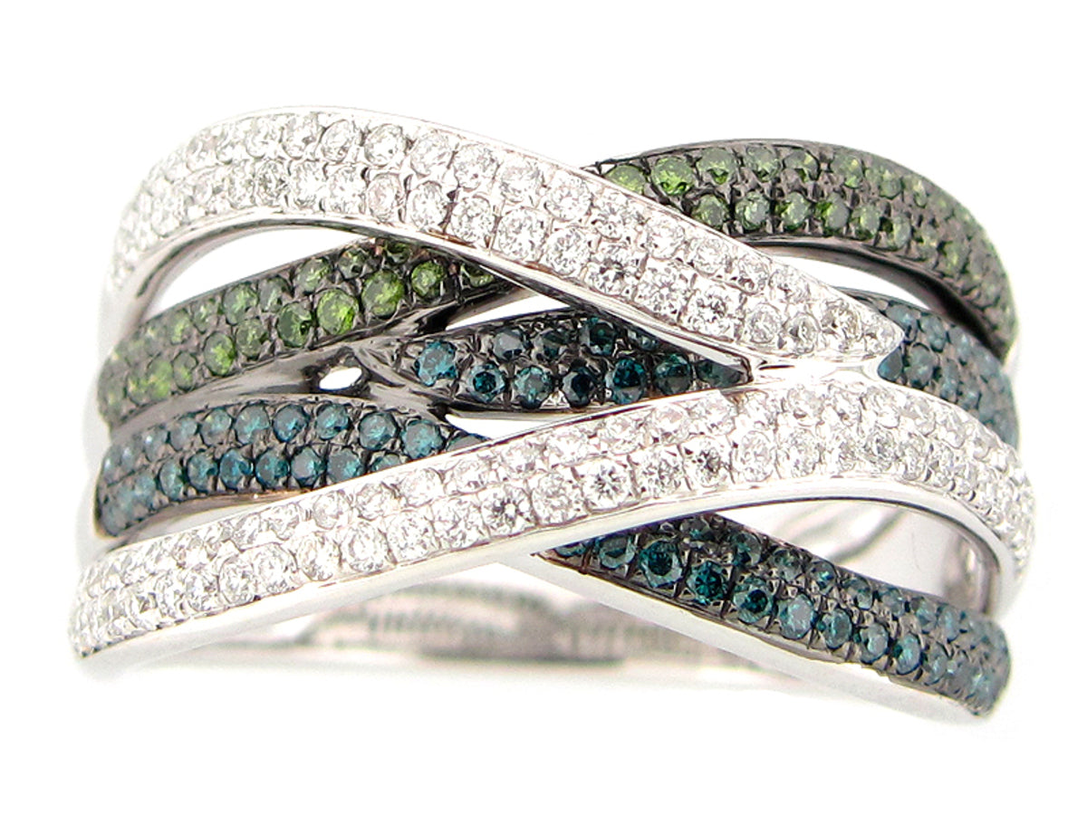 IRR BLUE, GREEN & WHITE DIAMOND RING, 14KW (R)