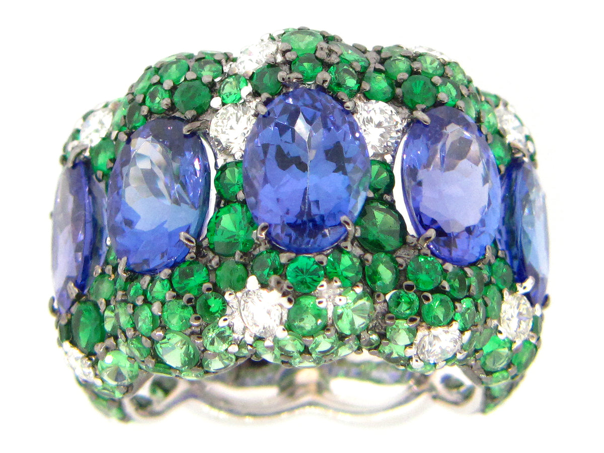 TANZANITE, TSAVORITE & DIAMOND RING, 18KW (H/N)