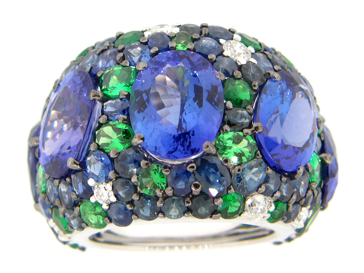 TANZANITE, SAPPHIRE, TSAVORITE & DIAMOND RING, 18KW (H/N)