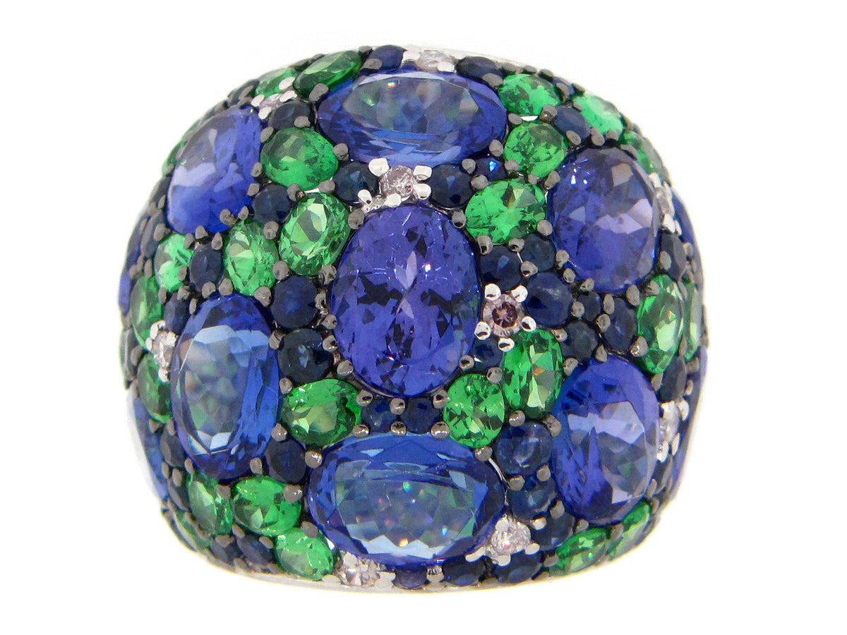 TANZANITE, TSAVORITE, SAPPHIRE & DIAMOND RING, 18KW (H/N)