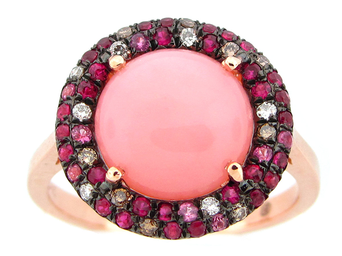PINK OPAL, BROWN & WHITE DIAMOND, RUBY & PINK SAPPHIRE RING, 14KR (N/H)