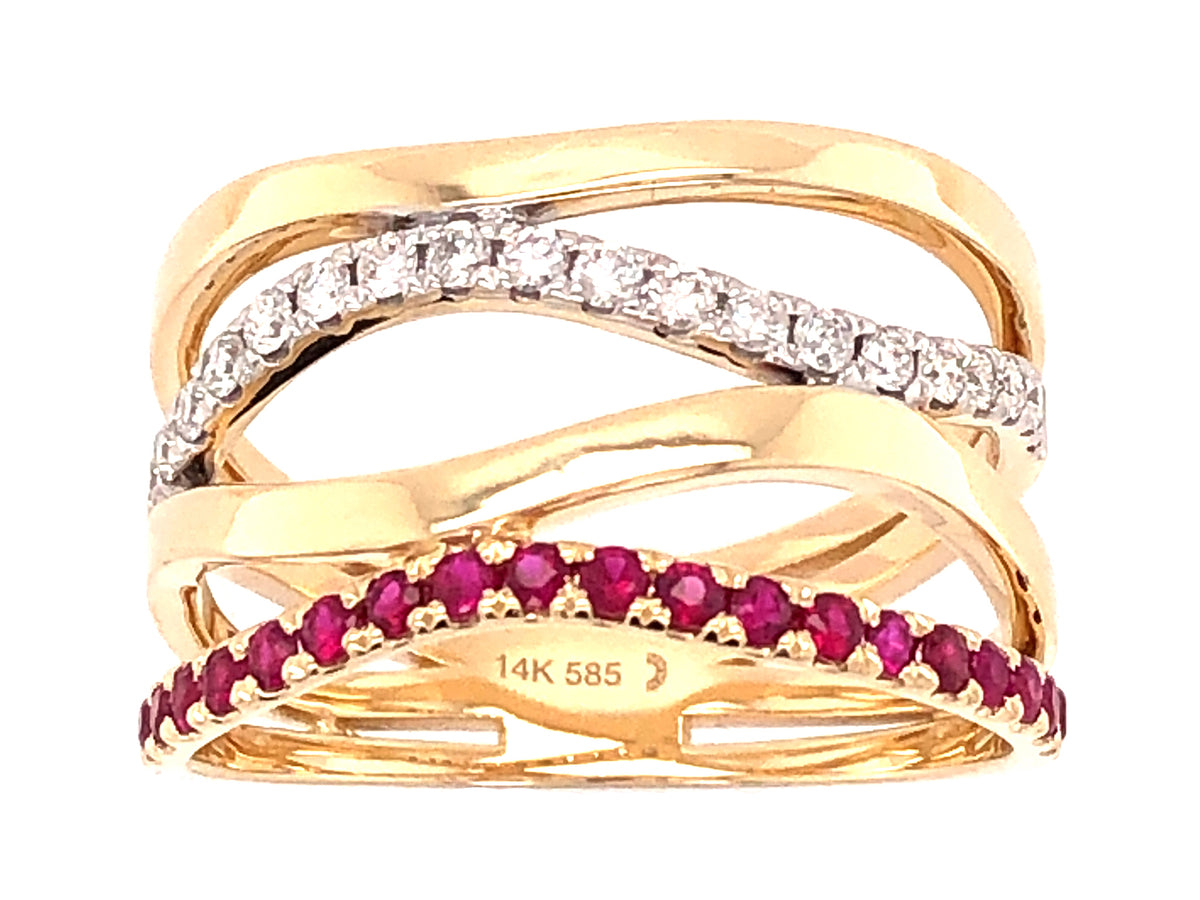 DIAMOND & RUBY WAVE RING, 14KY (H)