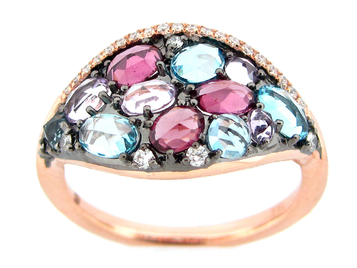AMETHYST, BLUE TOPAZ, RHODOLITE& DIAMOND RING, 14KR (H/R)