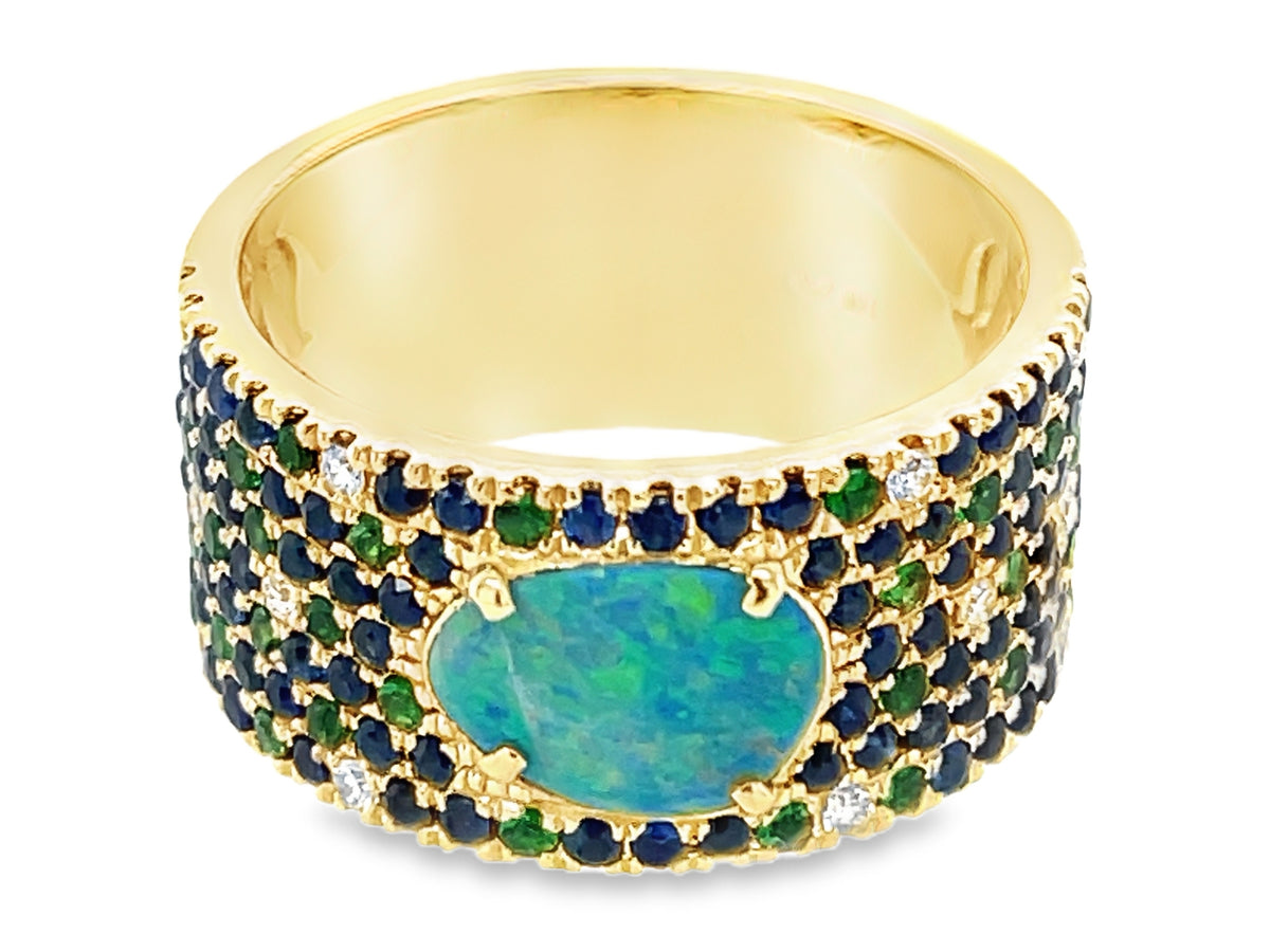BLACK OPAL DOUBLET, SAPPHIRE, TSAVORITE & DIA PAVE RING, 9.9MM
