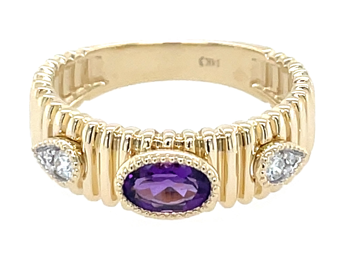 Amethyst Oval Center Diamond Ribbed Ring, 14ky (H)