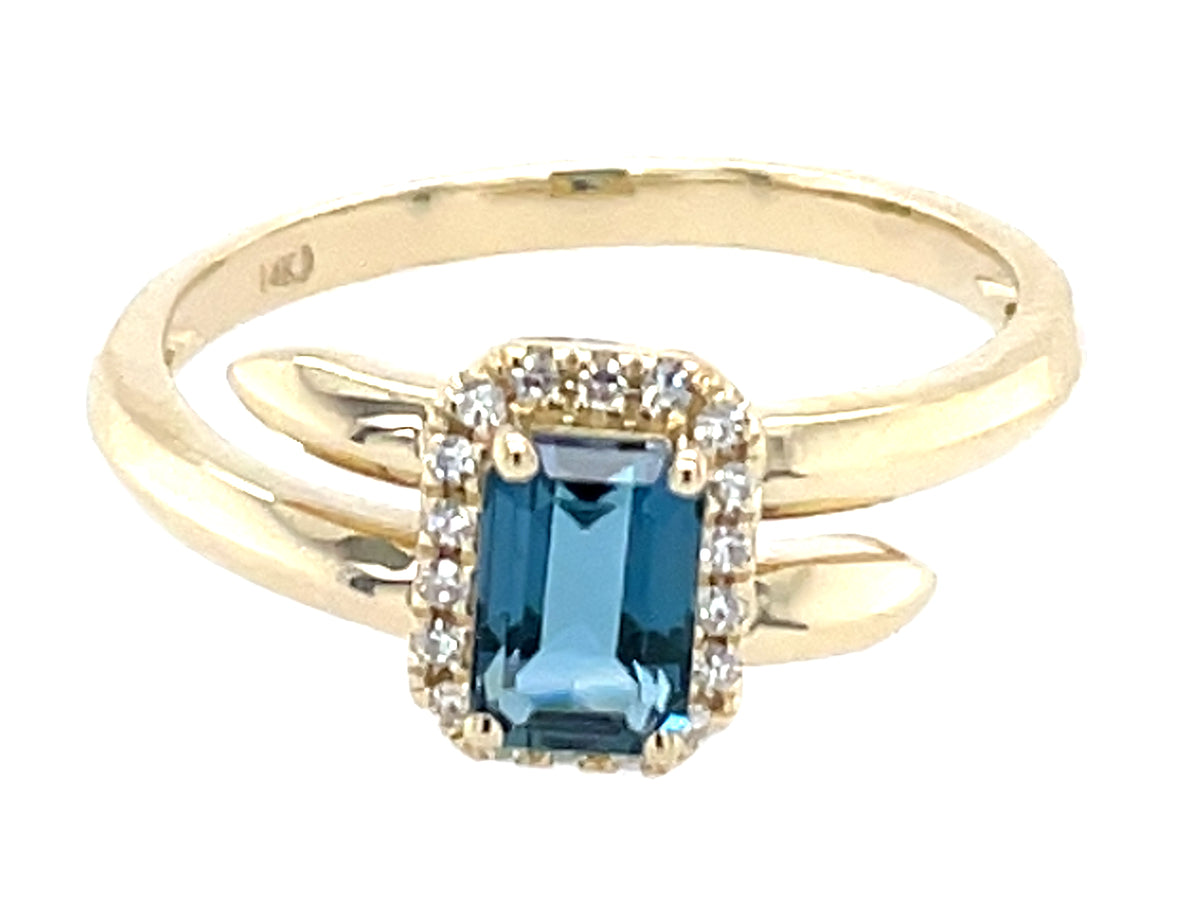 Blue Topaz E/C Diamond Halo Split Bypass Ring