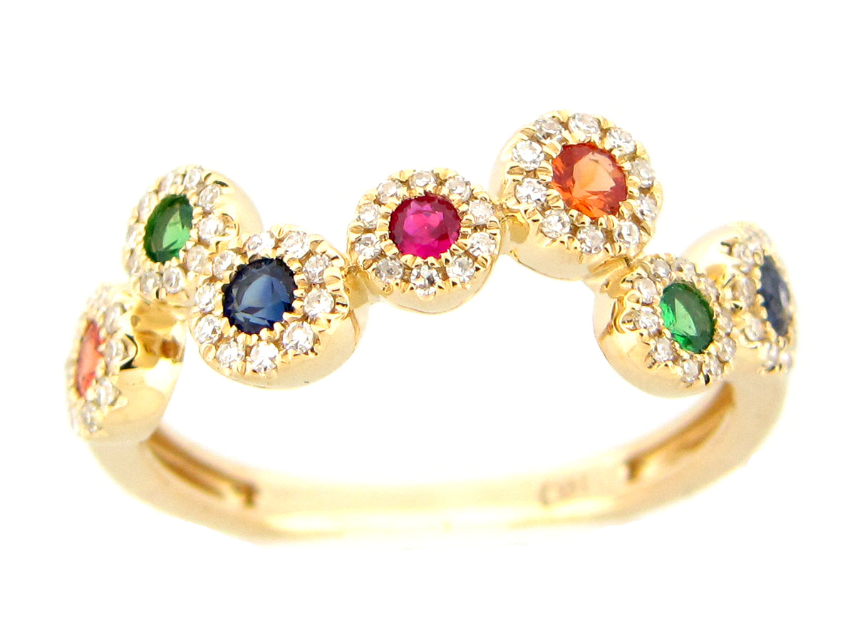 RAINBOW SAPPHIRE, TSAVORITE & DIAMOND ROUND PIVOTING RING, 14KY (H/U/N)