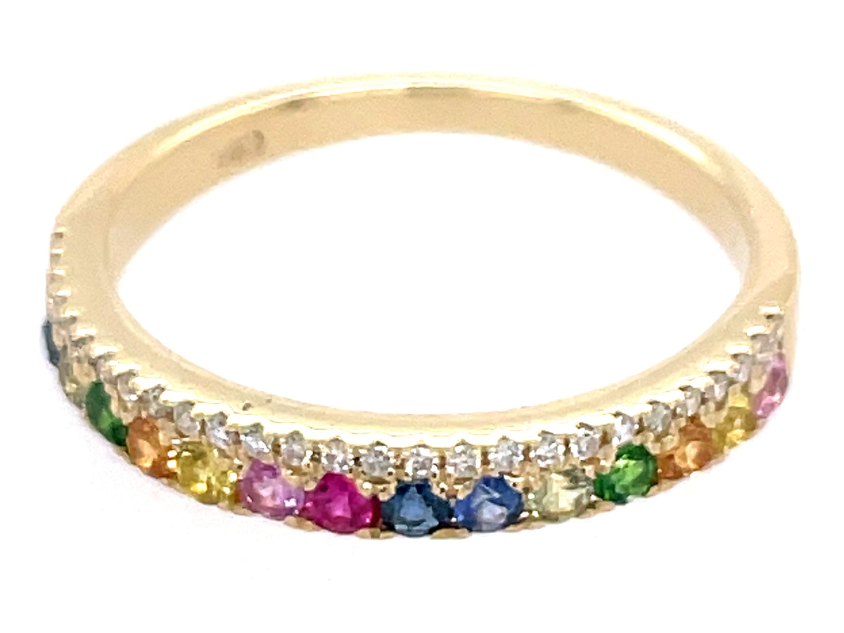 RAINBOW SAPPHIRE ,TSAVORITE & DIAMOND 2 ROW RING, 3.0 MM