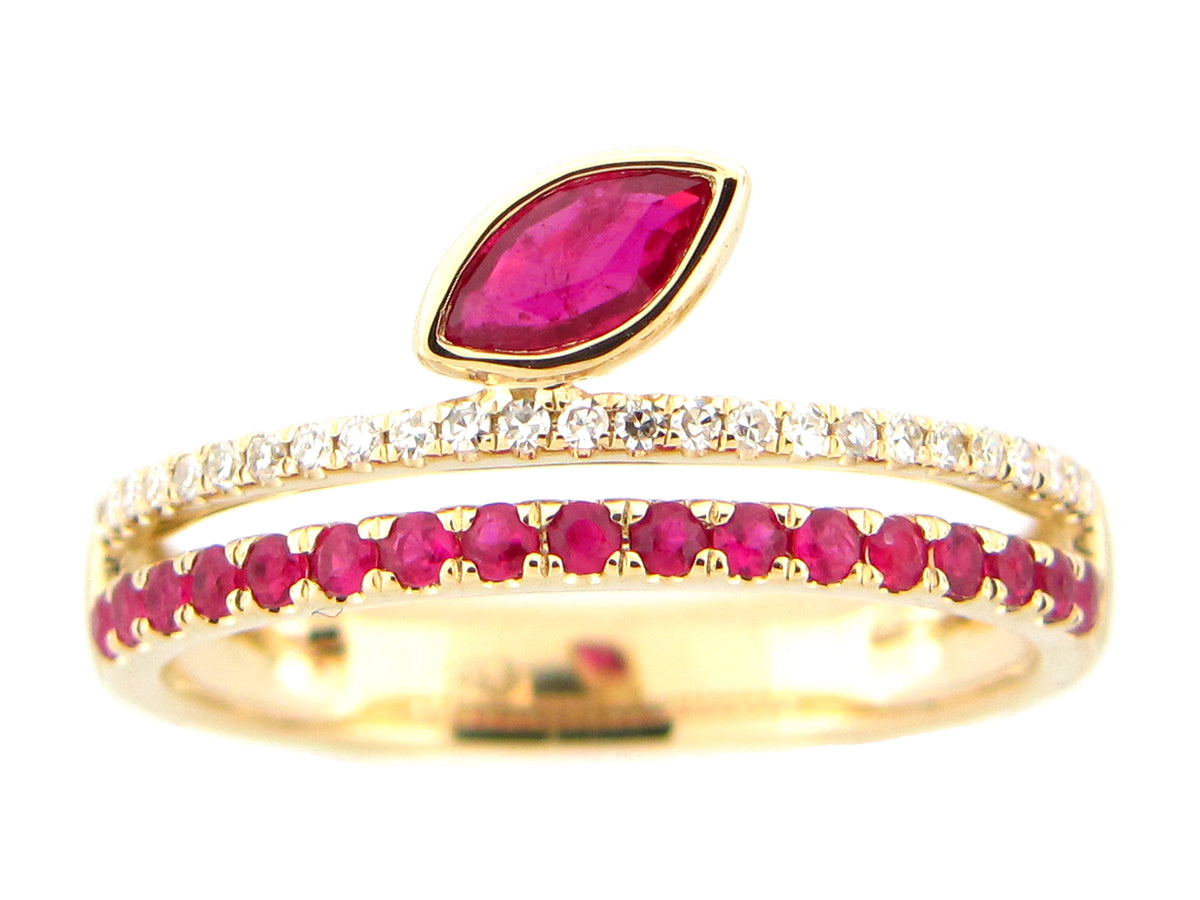 RUBY MARQUISE BEZEL & DIAMOND 2 ROW RING, 14KY (H)