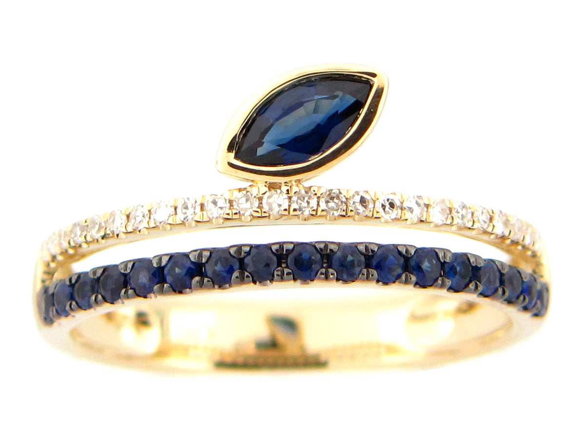 SAPPHIRE MARQUISE BEZEL & DIAMOND 2 ROW RING, 14KY (H)