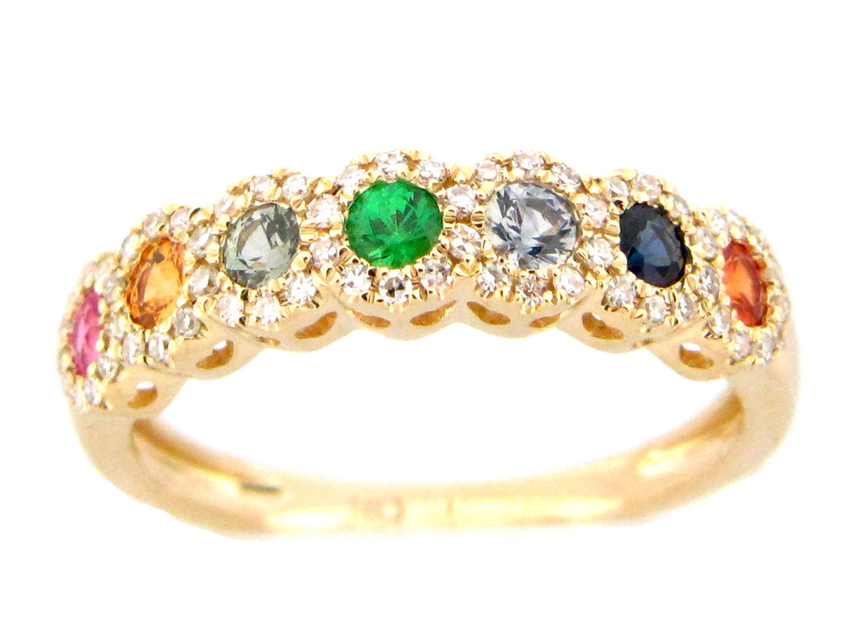 RAINBOW SAPPHIRE, TSAVORITE & DIAMOND HALO ROUND RING