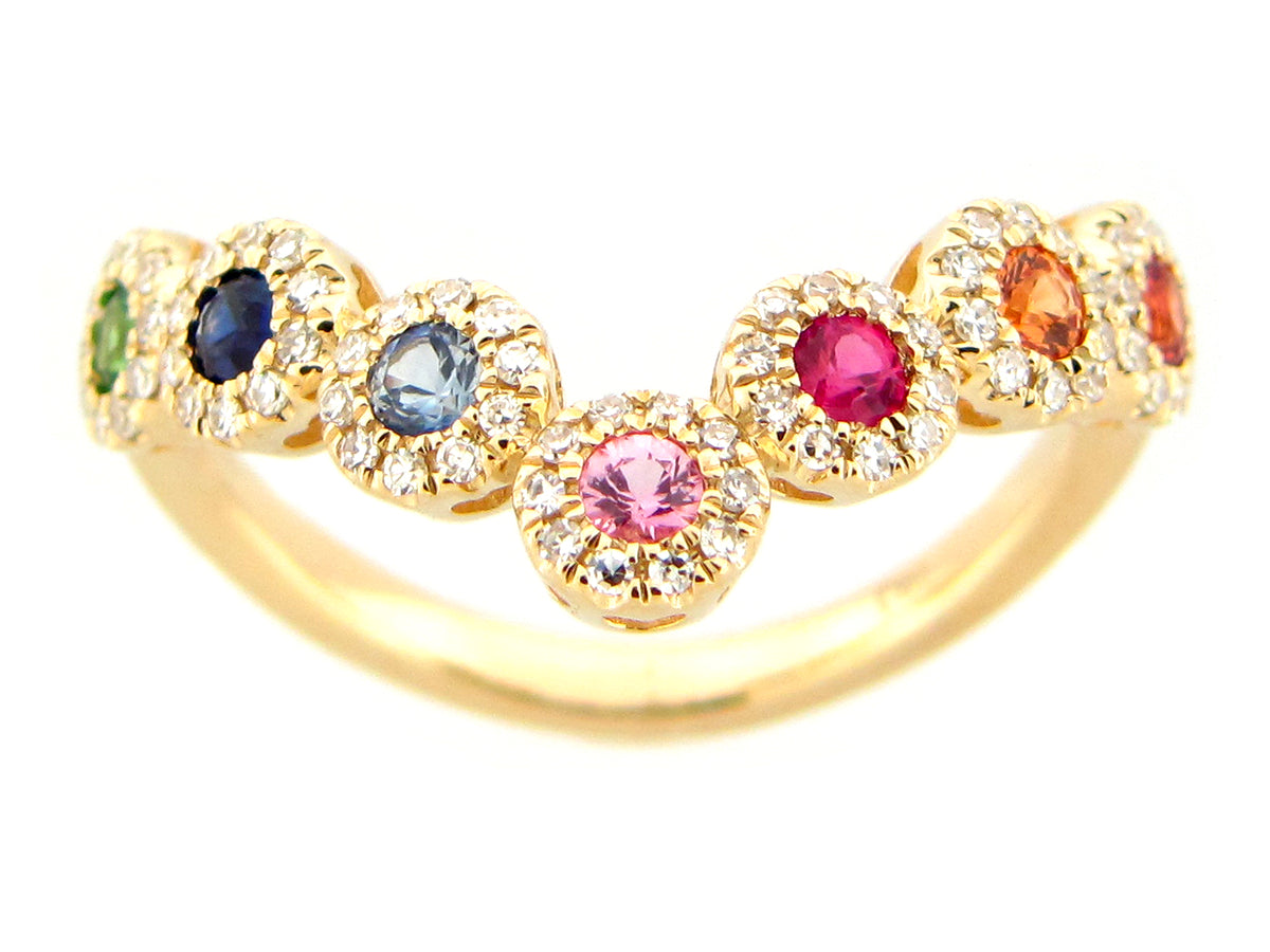 RAINBOW SAPPHIRE, TSAVORITE & DIAMOND HALO ROUND V RING, 14KY (H/U/N)
