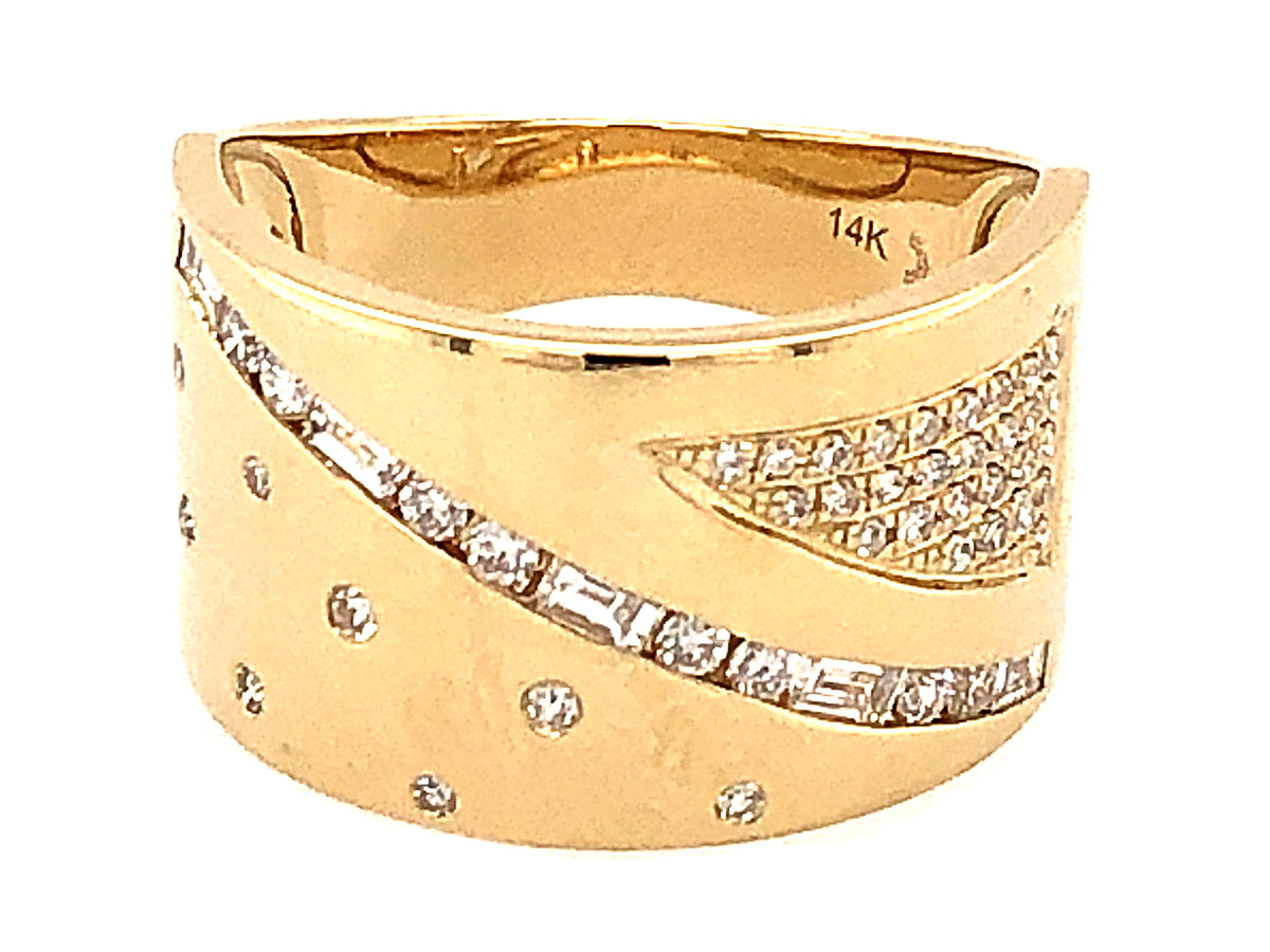DIAMOND BAGUETTE & ROUND WIDE FLUSH SET RING, 14KY (N)