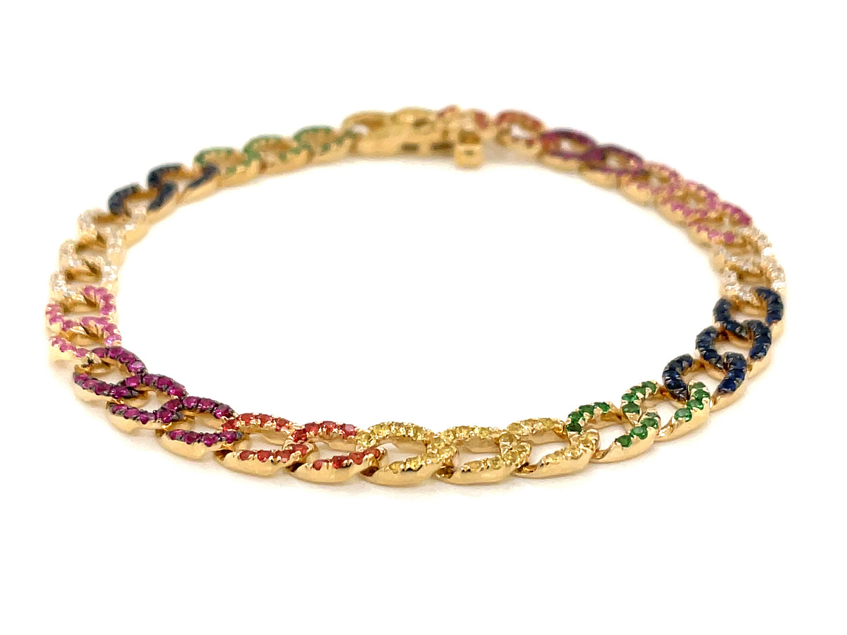 RAINBOW SAPPHIRE, TSAVORITE & DIAMOND PAVE CUBAN LINK BRACELET, 5.6MM, 14KY (H/U/N)