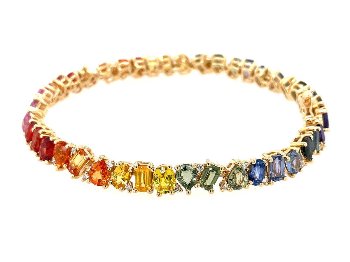 RAINBOW SAPPHIRE PEAR, OVAL, EMERALD CUT & DIAMOND 1 TURN BRACELET, 14KY (H/U/N)