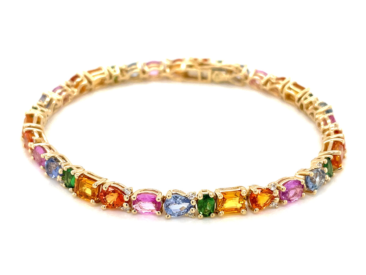 RAINBOW SAPPHIRE, TSAVORITE PEAR, OVAL, EMERALD CUT & DIAMOND BRACELET, 14KY (H/U/N)