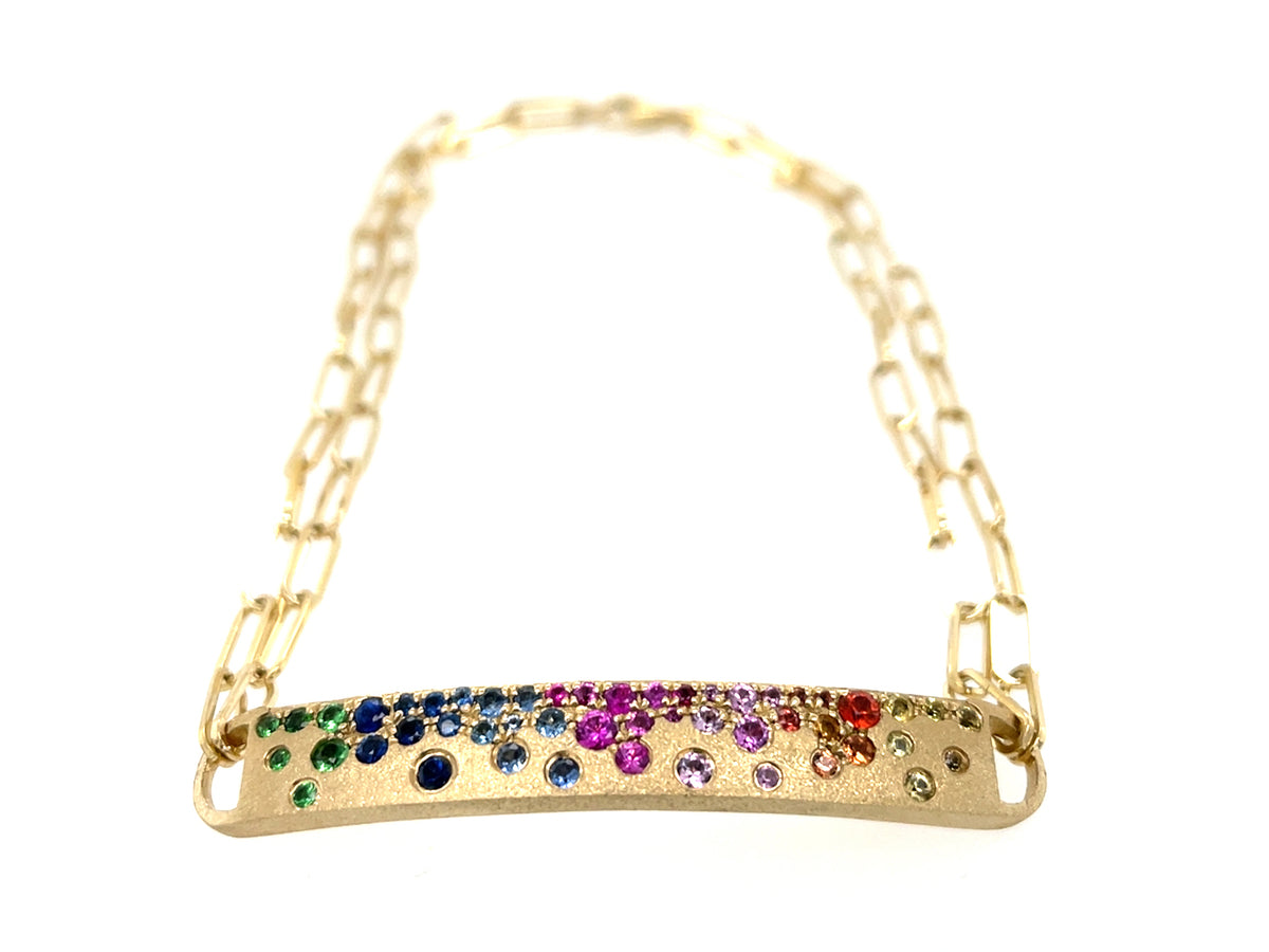 Rainbow Sapphire, Ruby Tsavorite Curved Bar Bracelet, 7", 2 Row Paperclip Chain, Satin Finish
