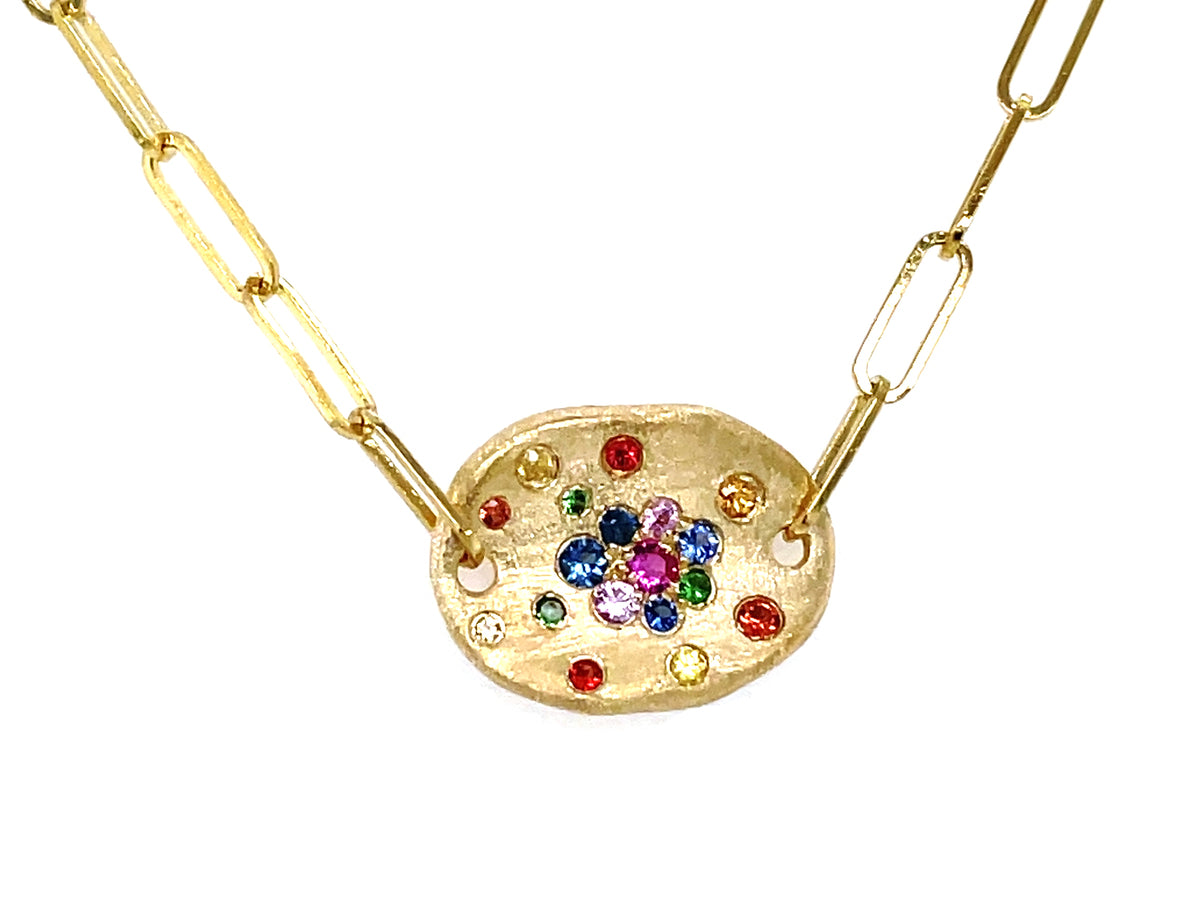 RAINBOW SAPPHIRE ROUND FLUSH SCATTERED BRACELET, 6.75" PAPERCLIP CHAIN, SATIN FINISH