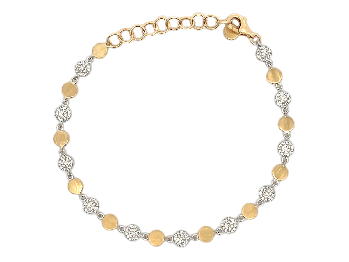 DIAMOND DISC ALTERNATING GOLD BRACELET, 6+1.5", SATIN FINISH
