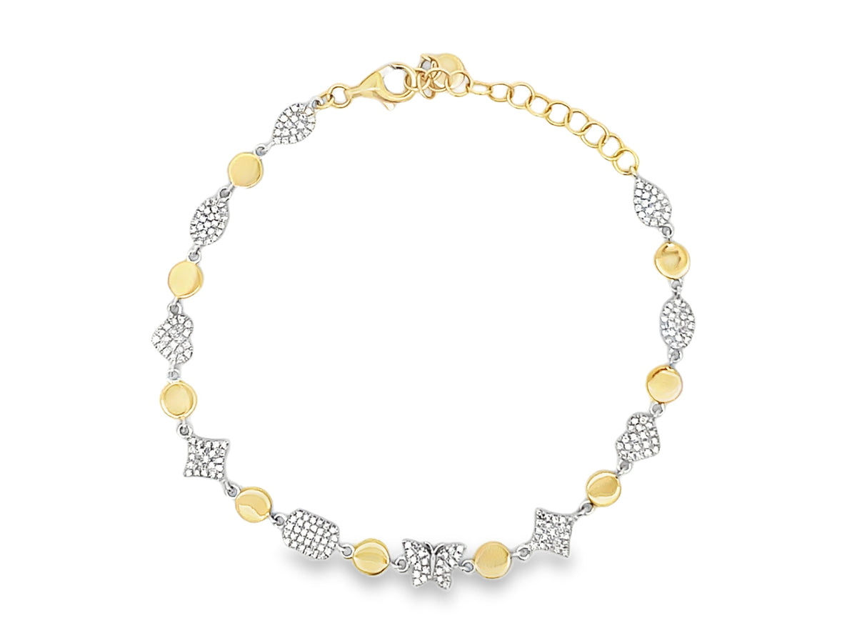 DIAMOND DISC ALTERNATING BUTTERFLY, HEART, OVAL, PEAR, CUSHION BRACELET, 6" + 1.5"