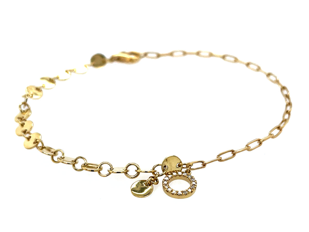 DIAMOND CIRCLE CHARM SEQUIN & PAPERCLIP CHAIN BRACELET, 7"