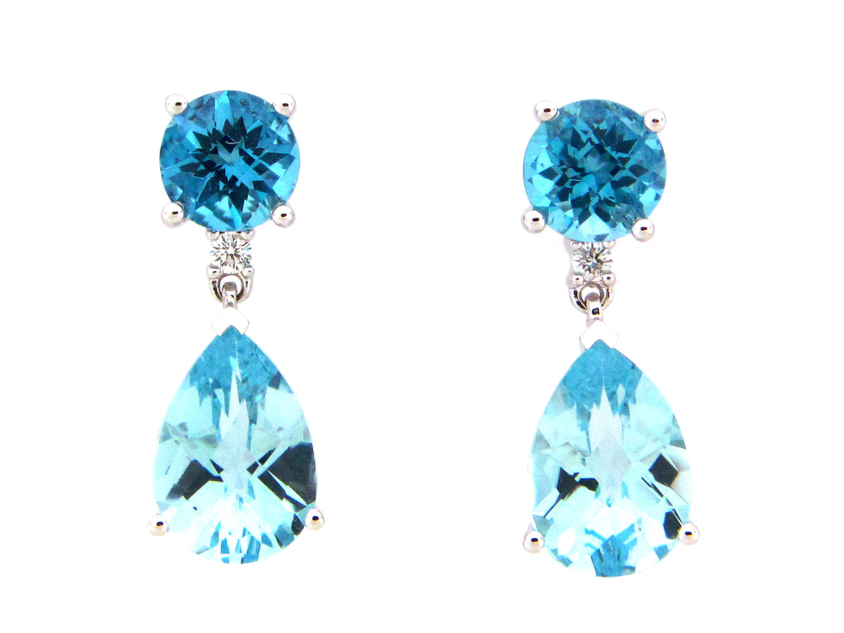 SWISS & SKY BLUE TOPAZ & DIAMOND MIXED PAIR DANGLE EARRING, 14KW (R)