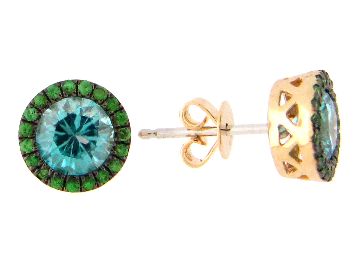 BLUE ZIRCON & TSAVORITE HALO STUD EARRING, 14KY (H/N)