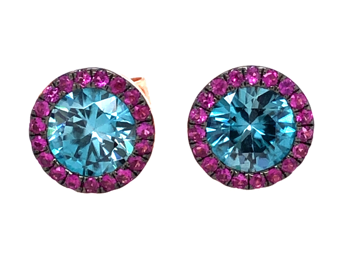 BLUE ZIRCON & PINK SAPPHIRE HALO STUD EARRING