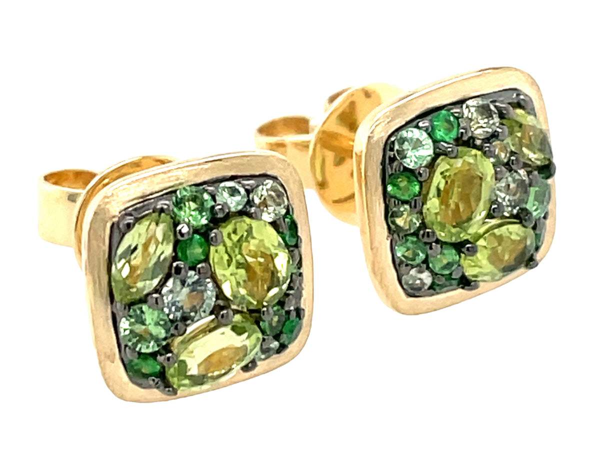 GREEN SAPPHIRE, TSAVORITE & PERIDOT CUSHION CLUSTER STUD EARRING, SATIN FINISH
