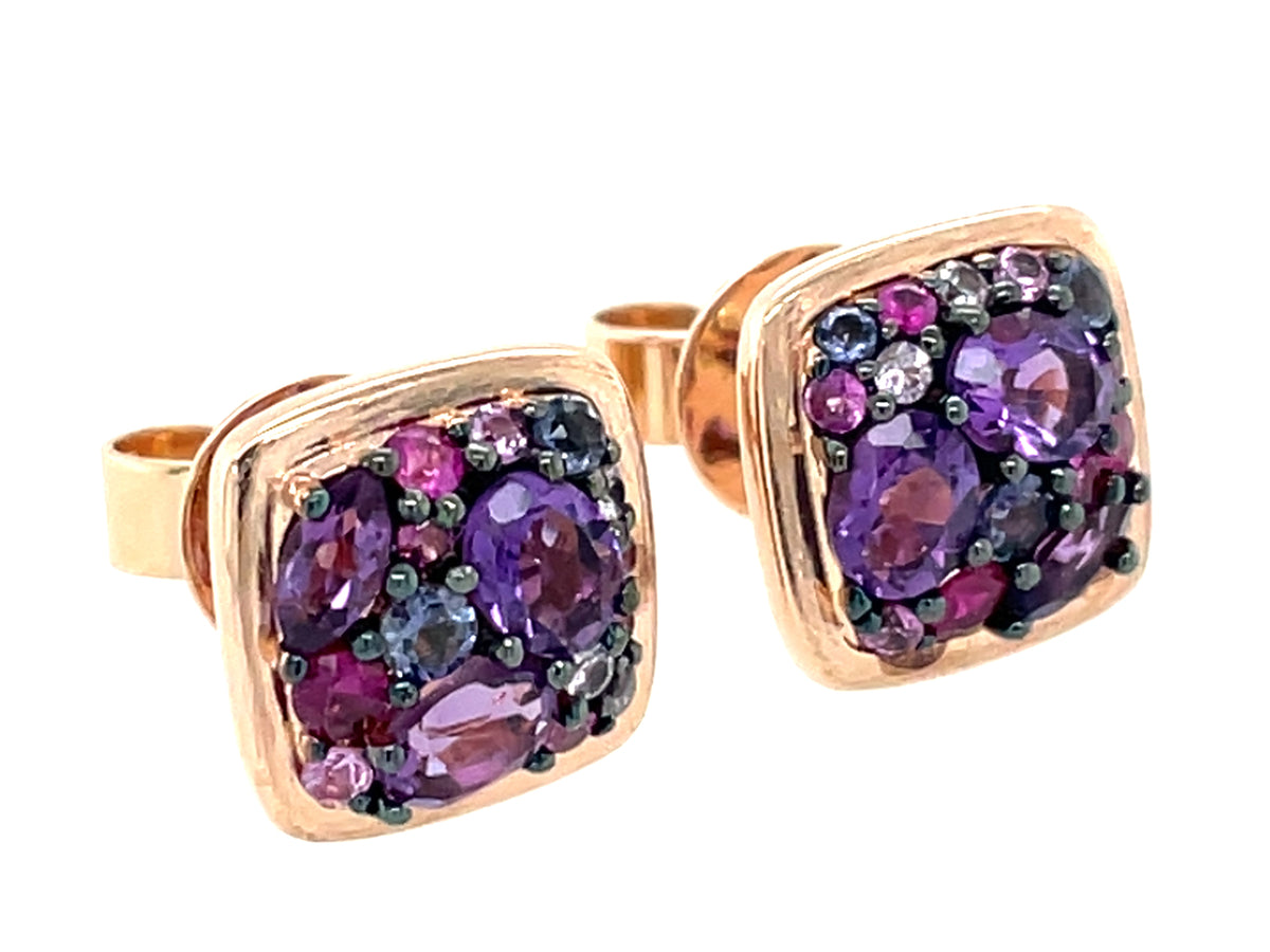 Amethyst, Pink Sapphire Iolite Cushion Cluster Stud Earring, Satin Finish