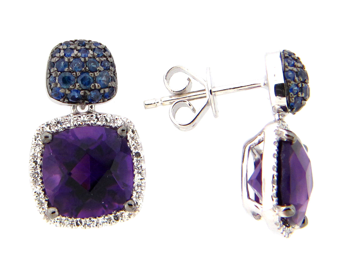 CHECKERBOARD AMETHYST, SAPPHIRE & DIAMOND CUSHION EARRING, 14KW (H)