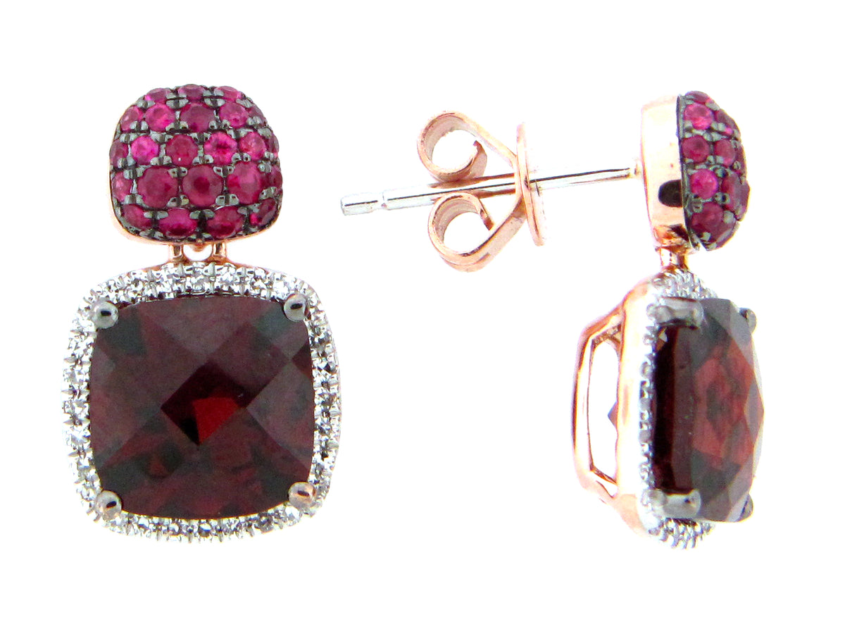 CHECKERBOARD GARNET, RUBY & DIAMOND CUSHION EARRING, 14KR (N/H)