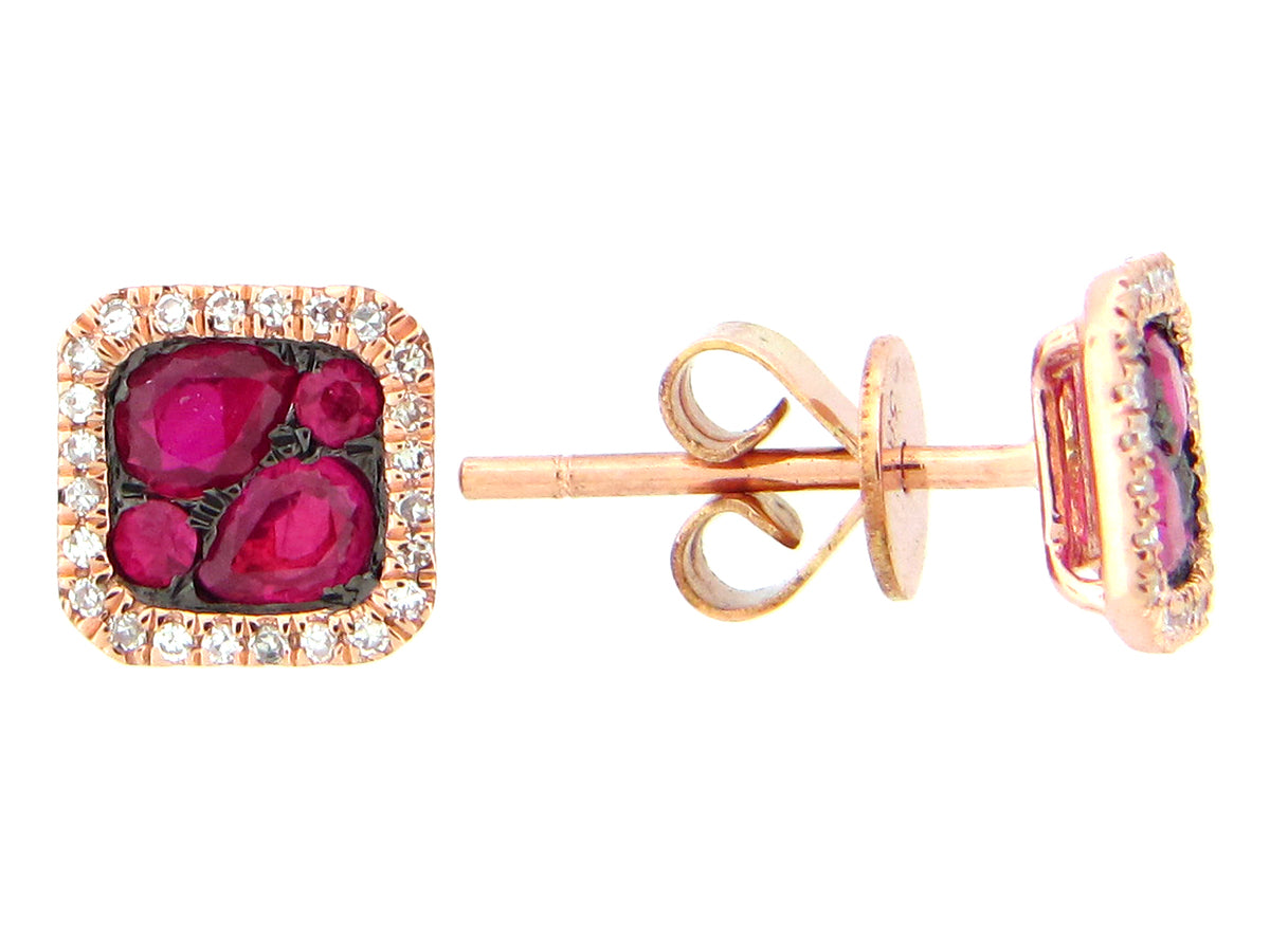 RUBY & DIAMOND CUSHION STUD EARRING, 14KR (H)