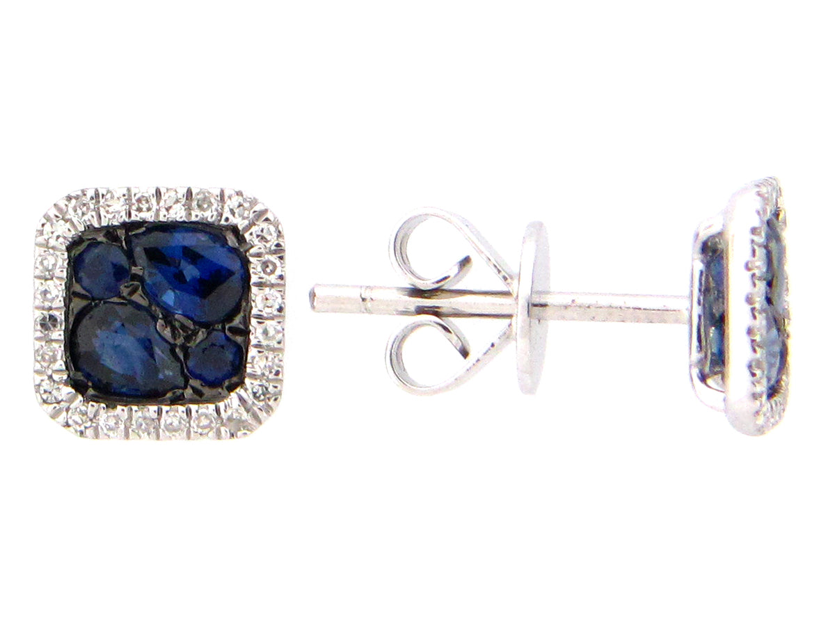 SAPPHIRE & DIAMOND CUSHION STUD EARRING, 14KW (H)