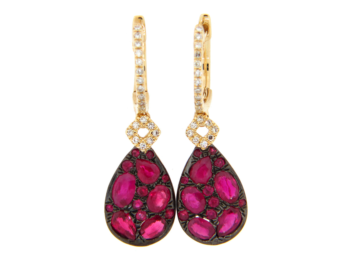 RUBY & DIAMOND PEAR CLUSTER EARRING, 14KY (H)