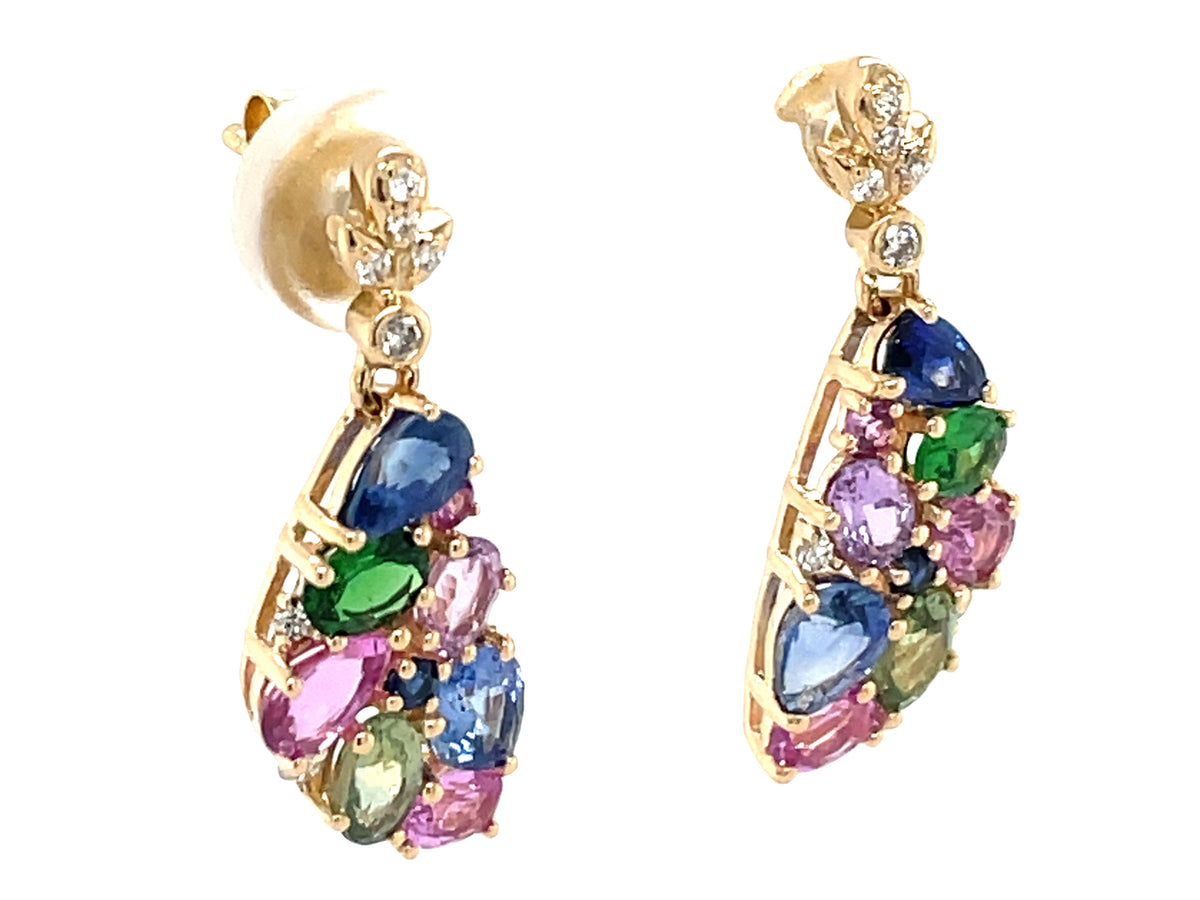 MULTI COLOR SAPPHIRE, TSAVORITE & DIAMOND HALF MOON CLUSTER DANGLE EARRING