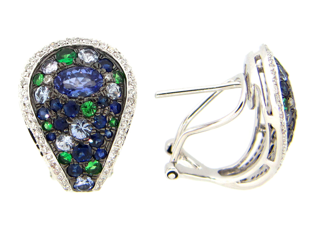 SAPPHIRE, TANZANITE, TSAVORITE & DIAMOND EARRING, 14KW (H/N)