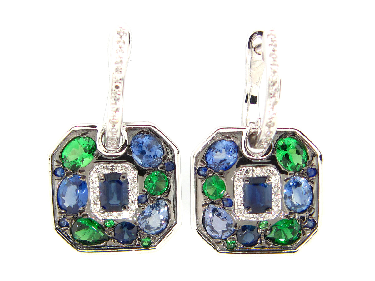 SAPPHIRE, TSAVORITE AND DIAMOND EARRING, 14KW (H/N)