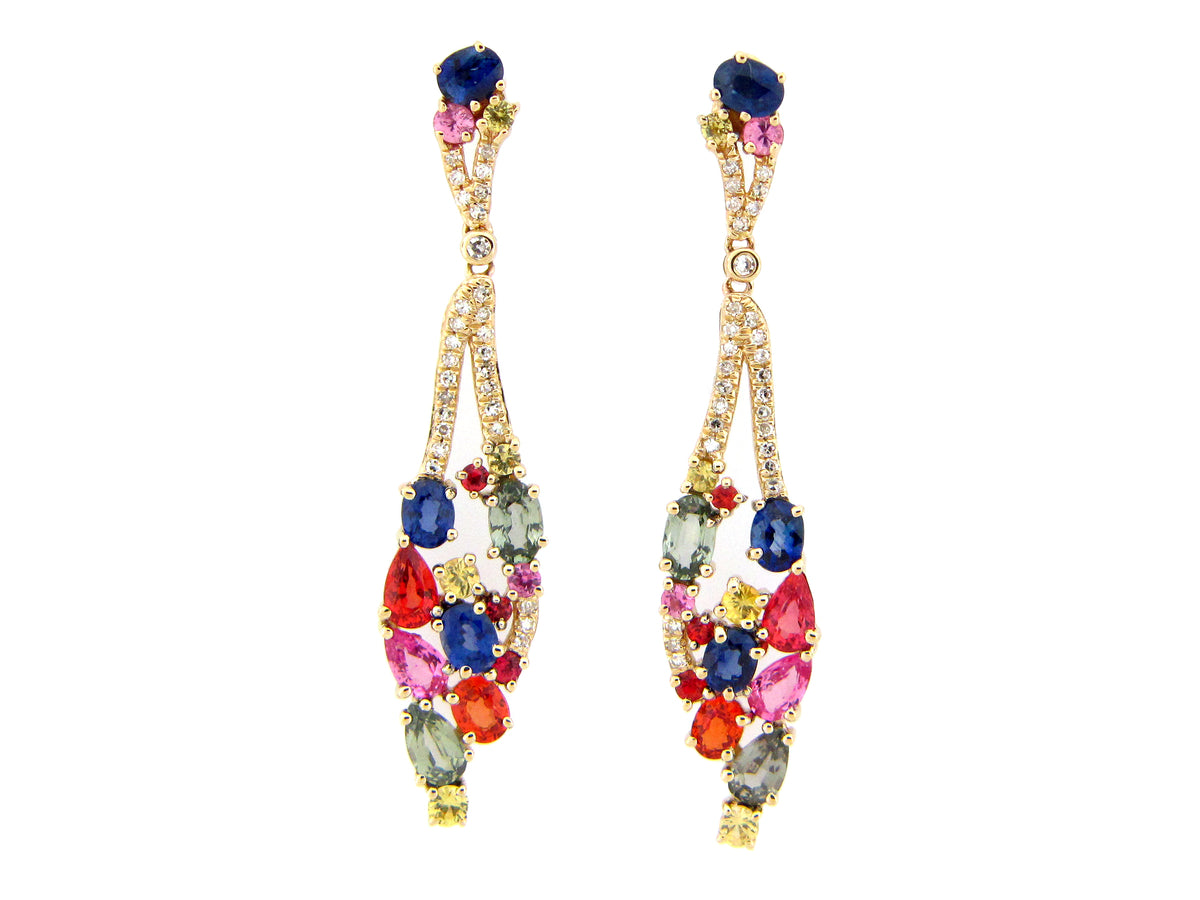 RAINBOW SAPPHIRE & DIAMOND CLUSTER EARRING, 14KY (H/U)