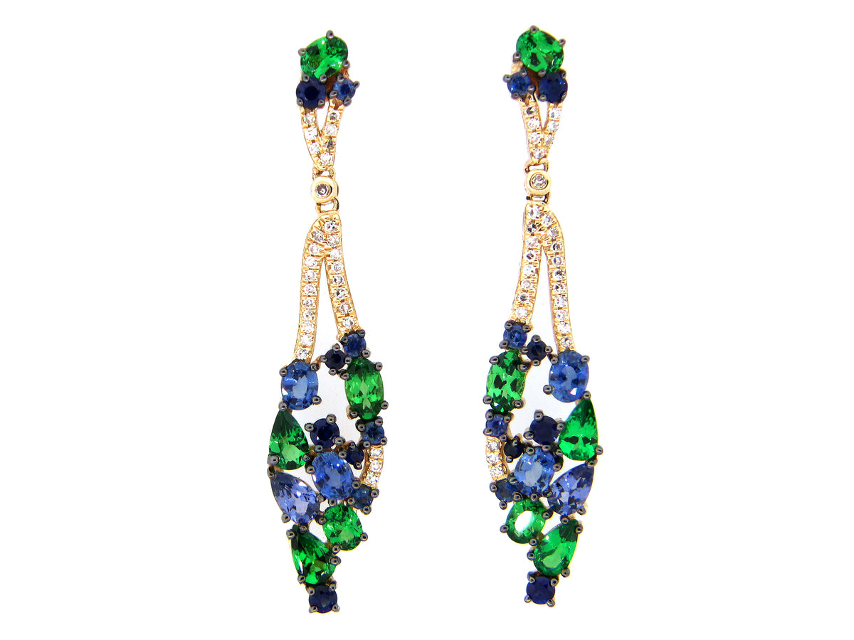 SAPPHIRE & TSAVORITE & DIAMOND EARRING, 14KY (H/N)