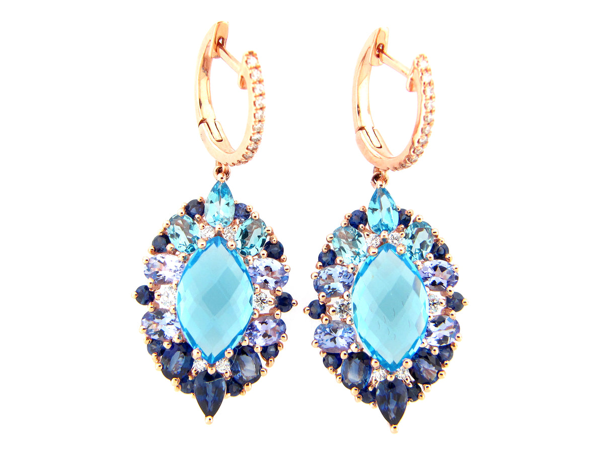 CHB MARQUISE SWISS BLUE TOPAZ, TANZANITE, SAPPH & DIA EARRING, 14KR (H/R)