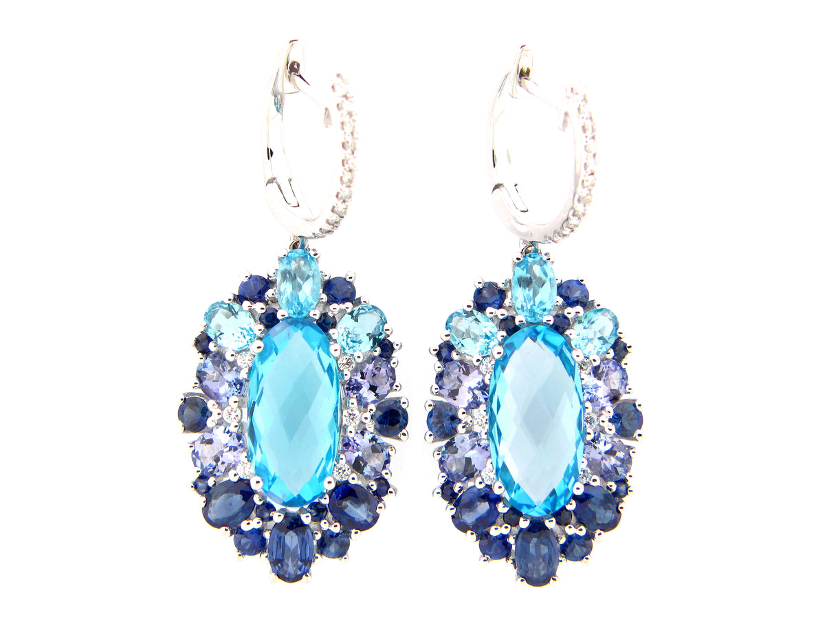 CHB OVAL SWISS BLUE TOPAZ, TANZANITE, SAPPH & DIA EARRING, 14KW (H/R)