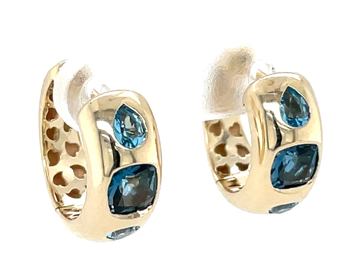 Blue Topaz Cushion Pear 3 Stone Earring