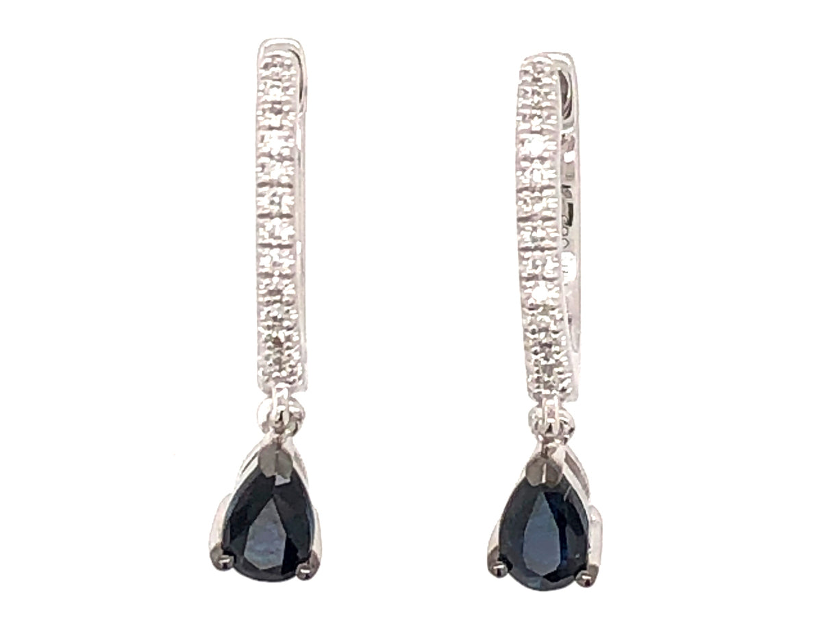 SAPPHIRE PEAR & DIAMOND DANGLE EARRING, 14KW (H)