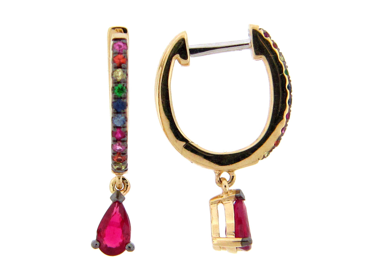 RUBY PEAR & FANCY SAPPHIRE, TSAVORITE DANGLE EARRING , 14KY (H/U/N)
